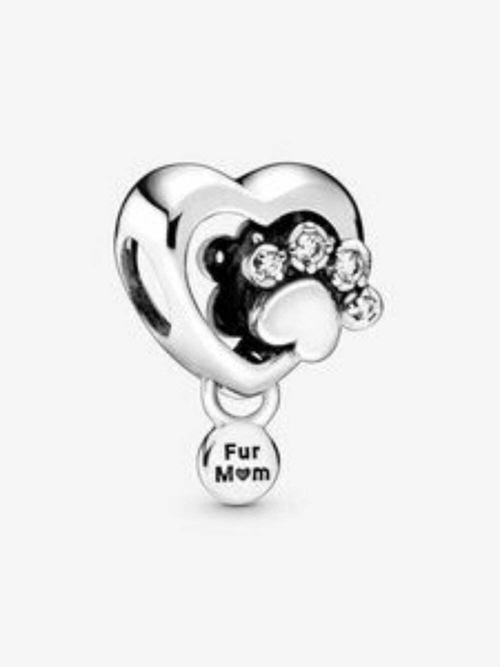 Paw heart sterling silver charm with clear cubic zirconia